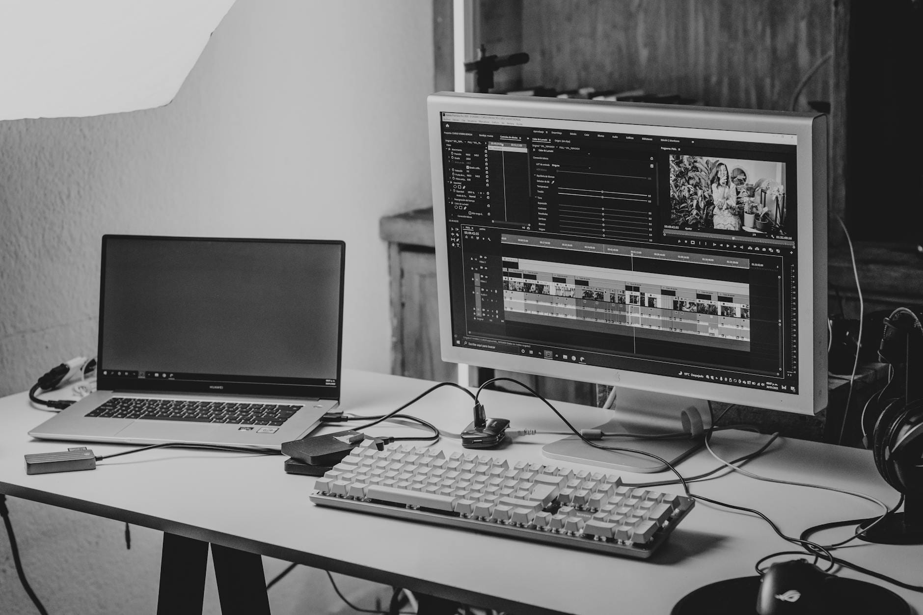 Monochromatyczne stanowisko do montażu wideo z laptopem i monitorem