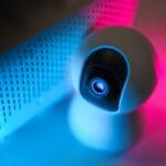 Zbliżenie nowoczesnej kamery monitoringu w neonowym oświetleniu